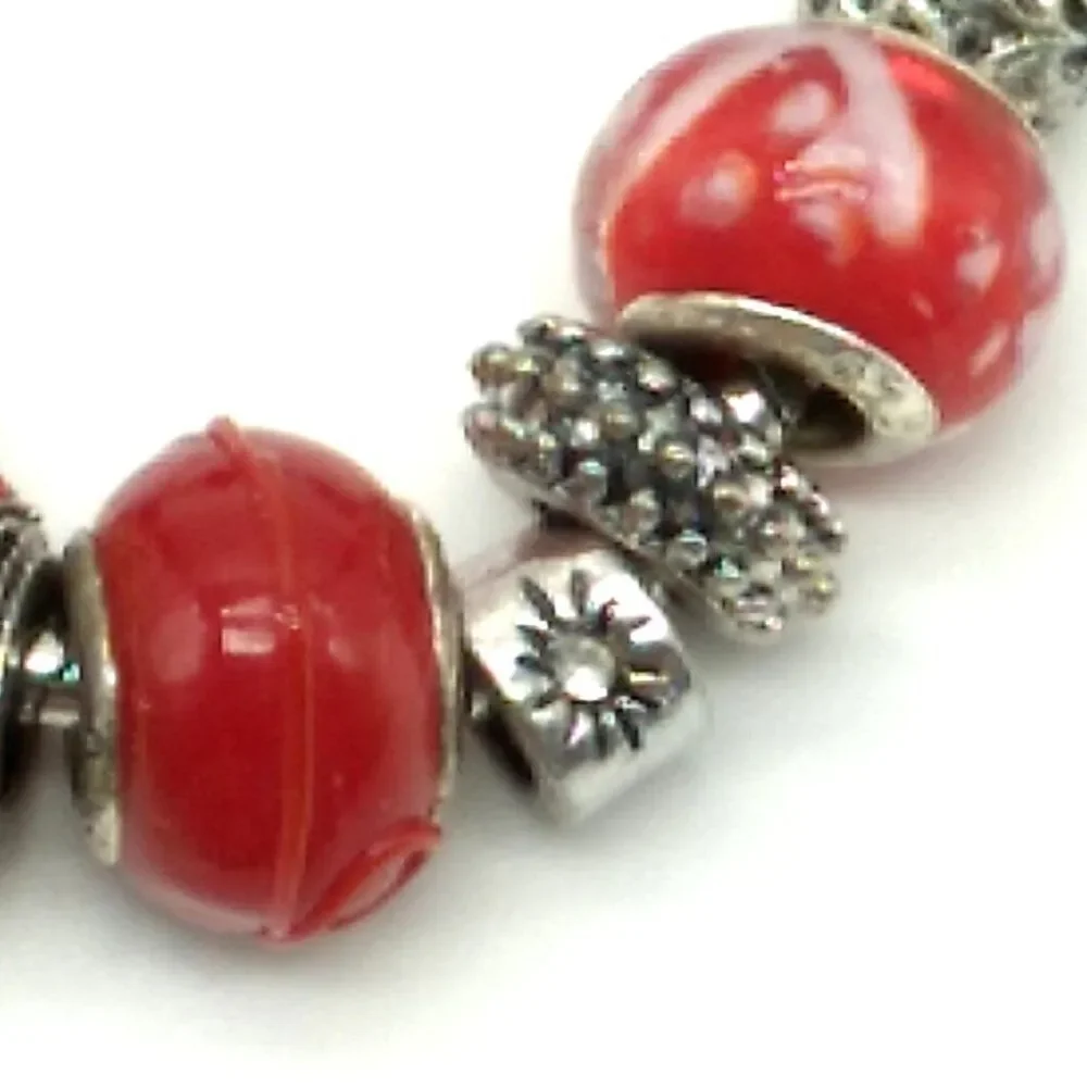 Bling Silver-tone & Red Beaded Charm Slider Bracelet on Snake Chain NWOT
